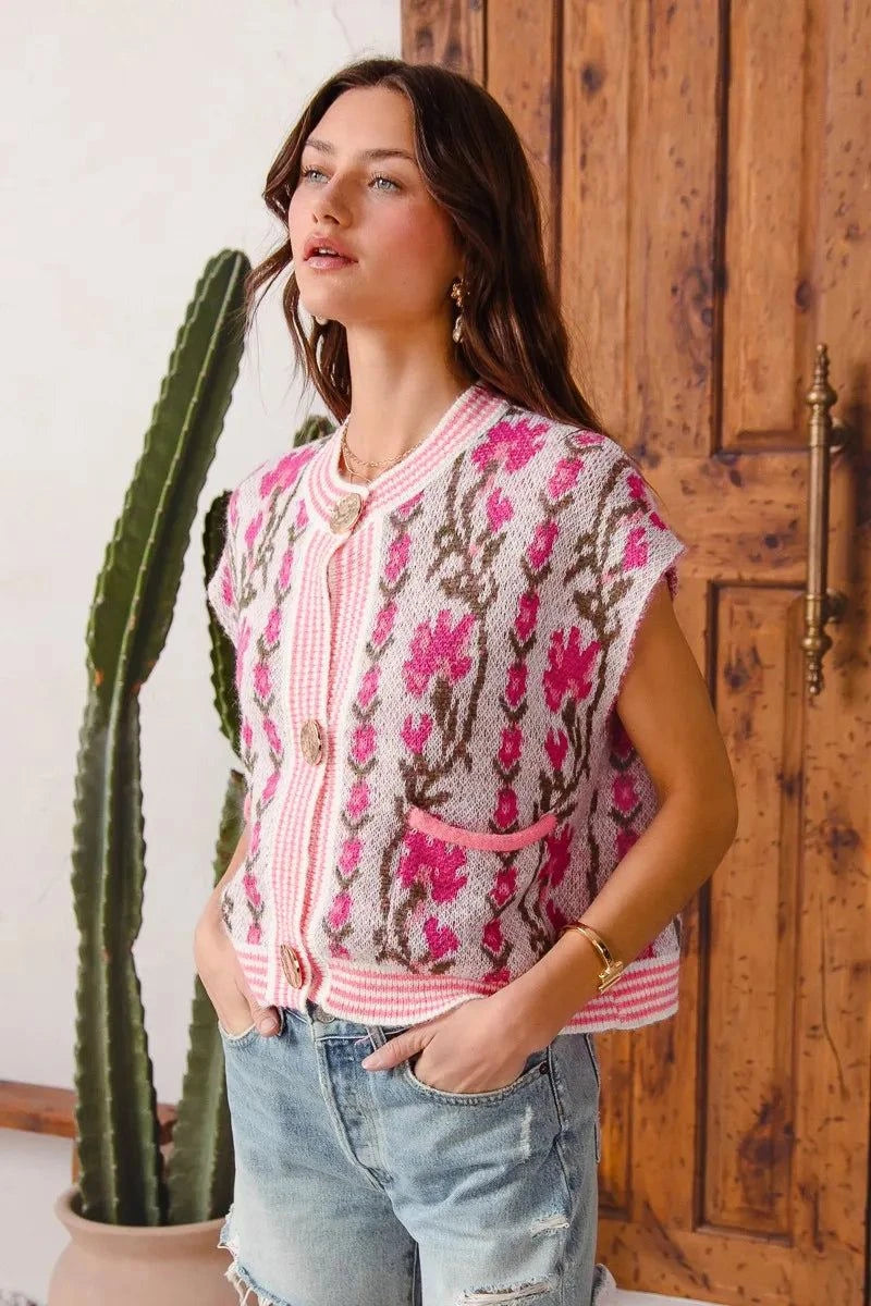 SO ME Button Front Floral and Stripe Knitted Sweater Vest