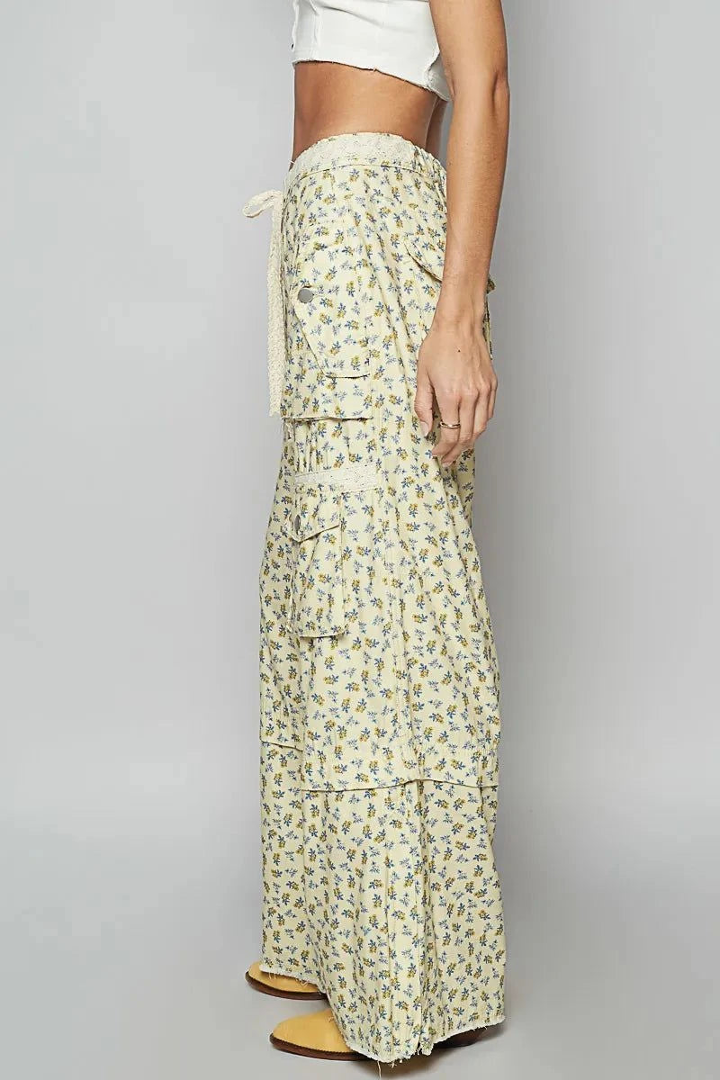 POL Floral Cargo Wide Leg Pants with Lace Drawstring