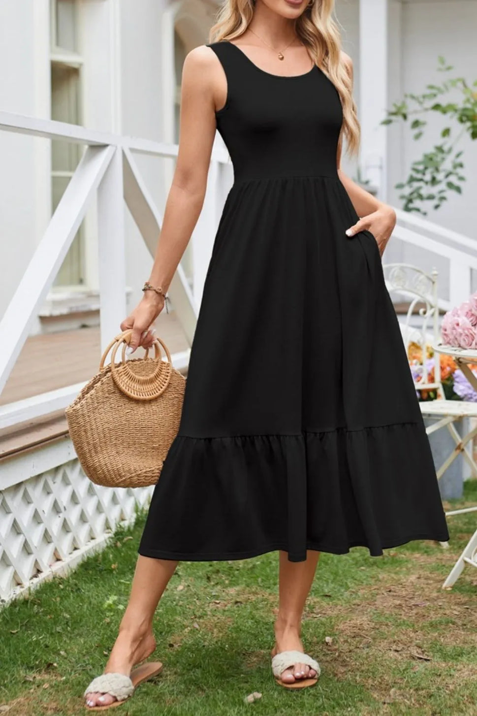 Round Neck Wide Strap Tank Dress
