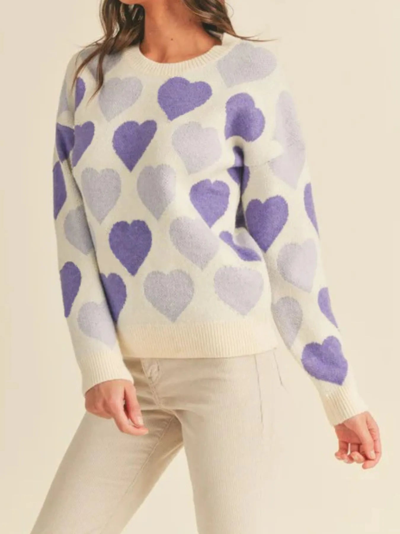 Heart Ribbed Hem Long Sleeve Sweater
