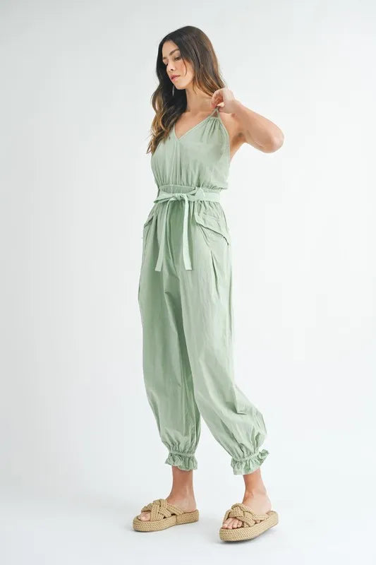 MABLE Washed Fabric Spaghetti Strap Waist Belted Jumpsuit