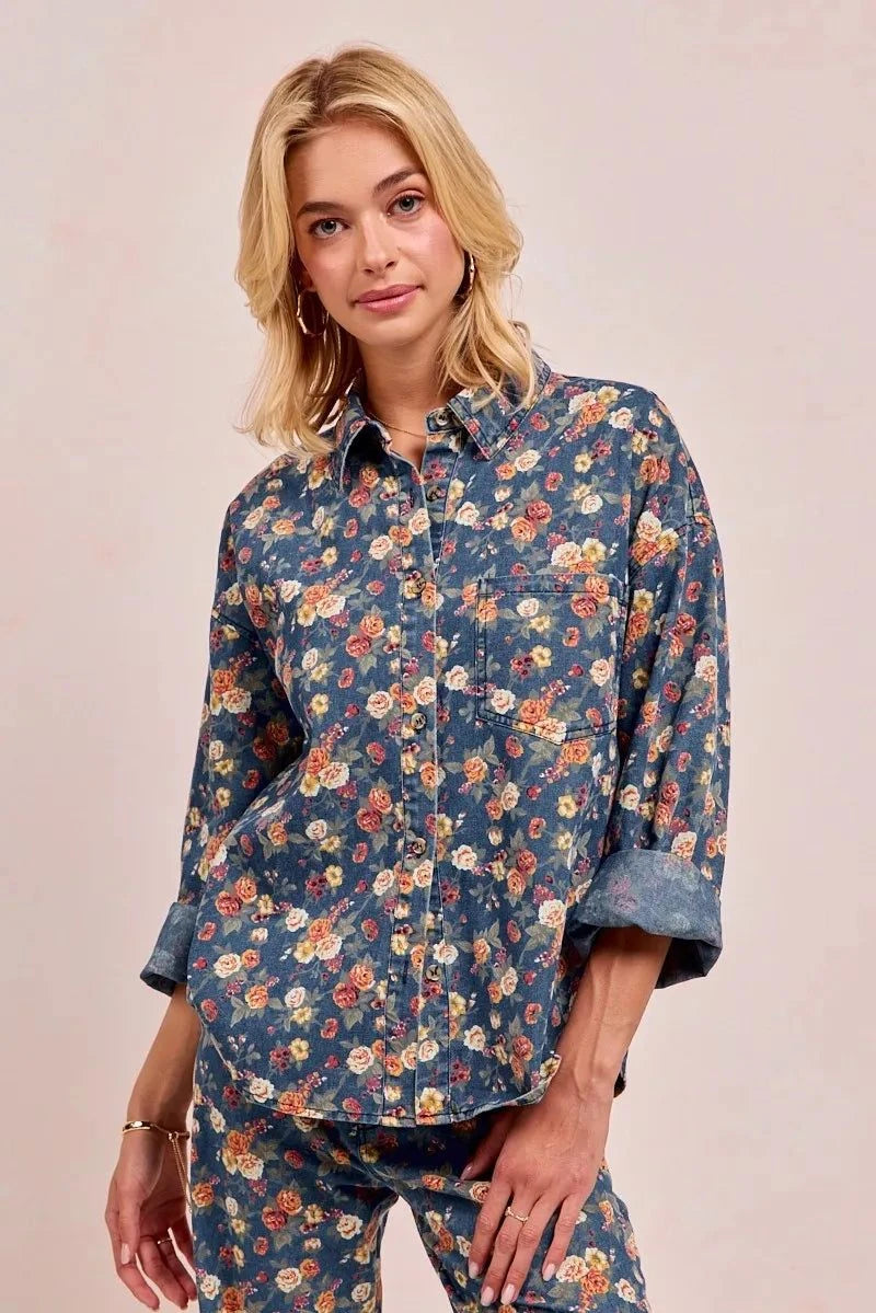 BiBi Washed Floral Print Denim Jacket