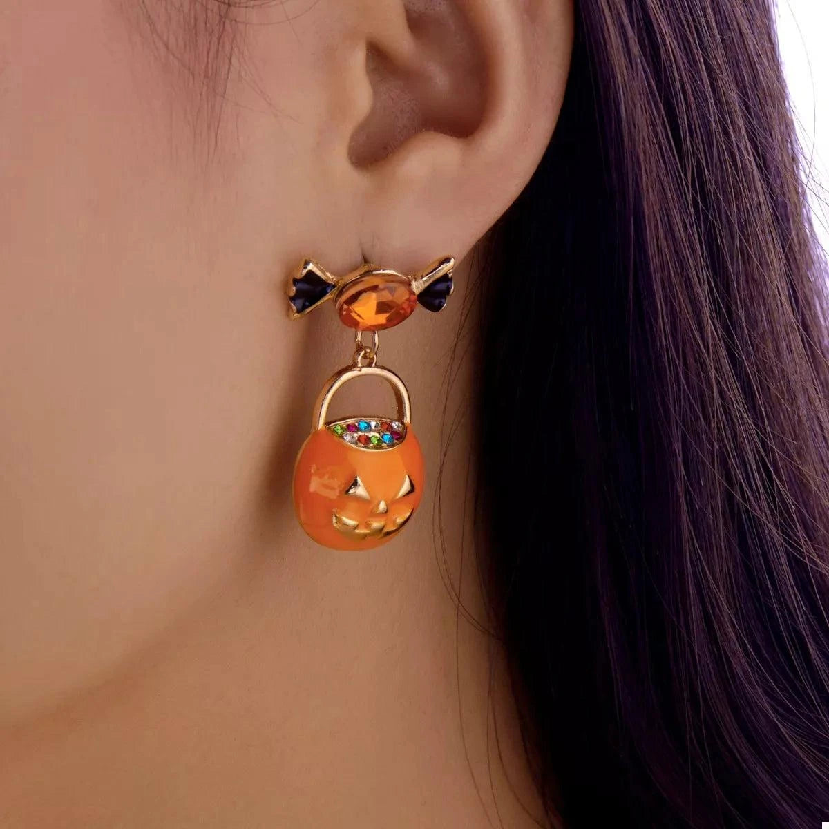 Halloween Rhinestone Pumpkin Dangle Earrings