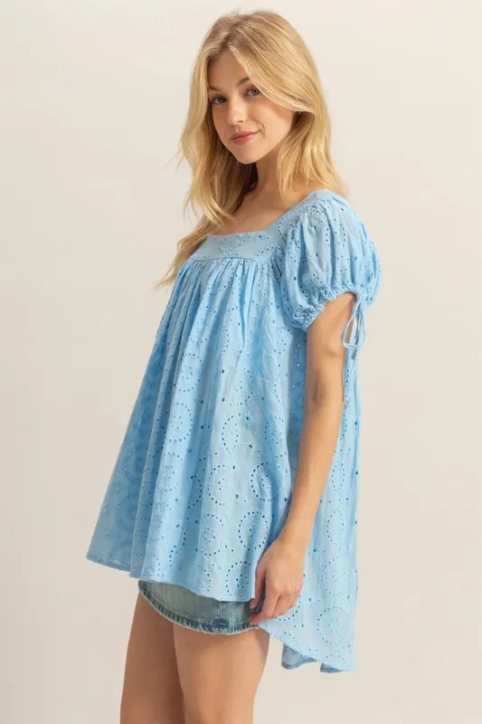 HYFVE High-Low Eyelet Square Neck Short Sleeve Blouse
