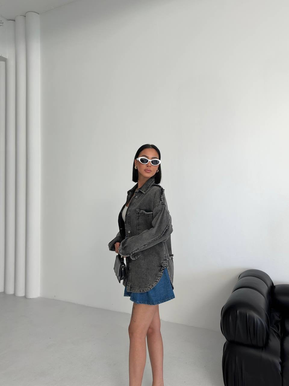 Oversized Distressed Denim Shirt for Women – Light Blue or Dark Grey | Casual Denim Overshirt