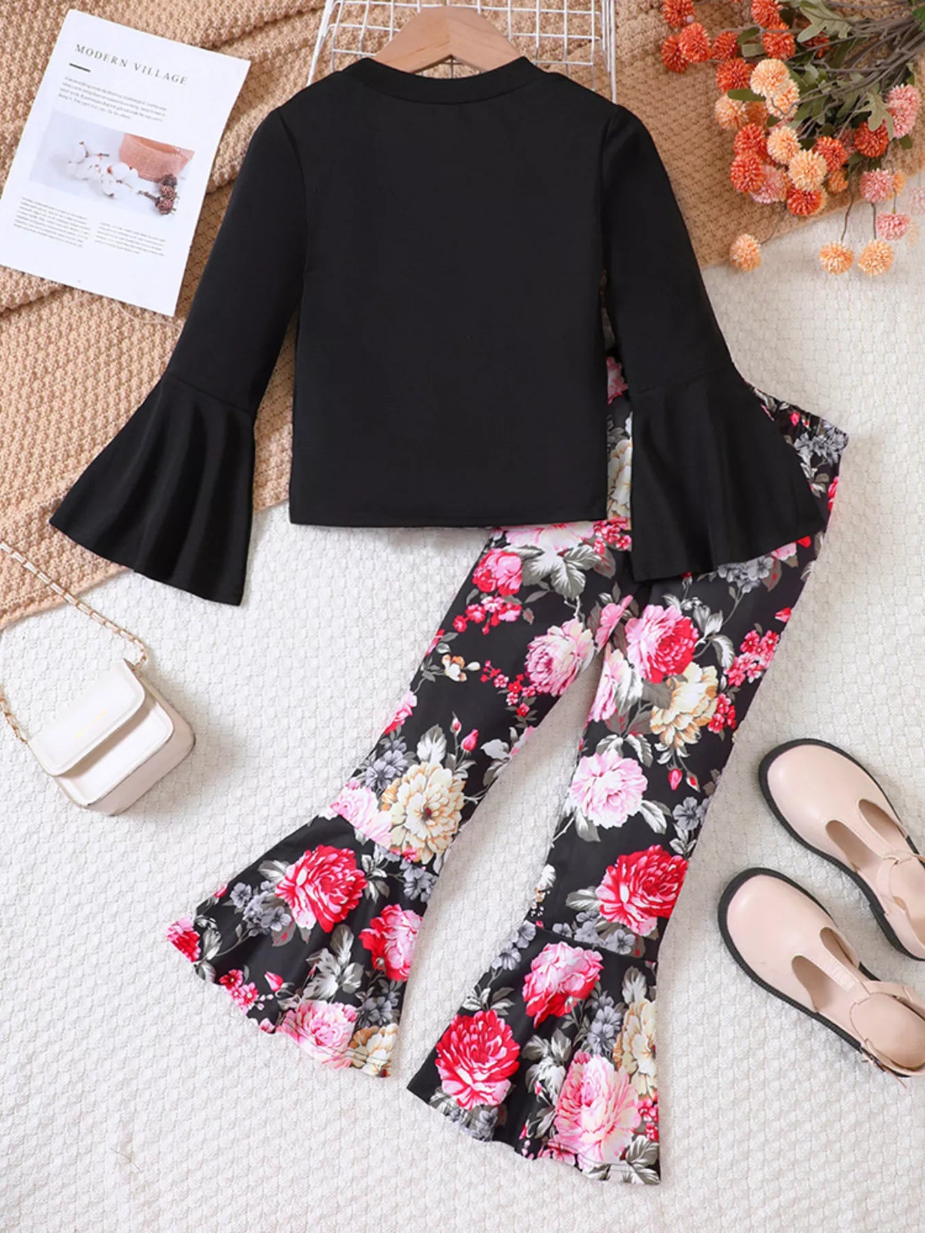Children's Solid Top & Floral Flare Pants Set