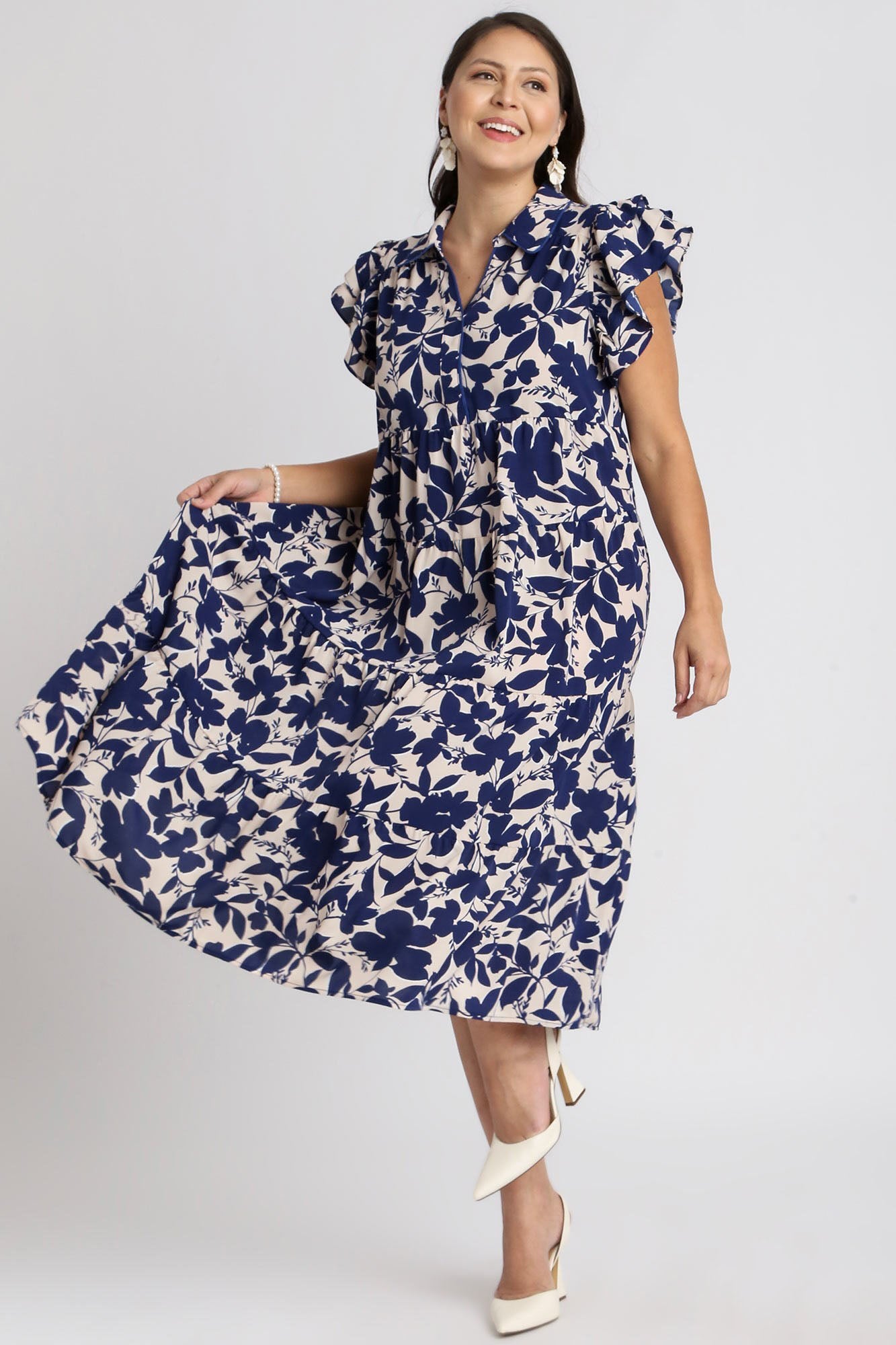 Umgee Floral Collared Ruffle Cap Sleeve Midi Dress