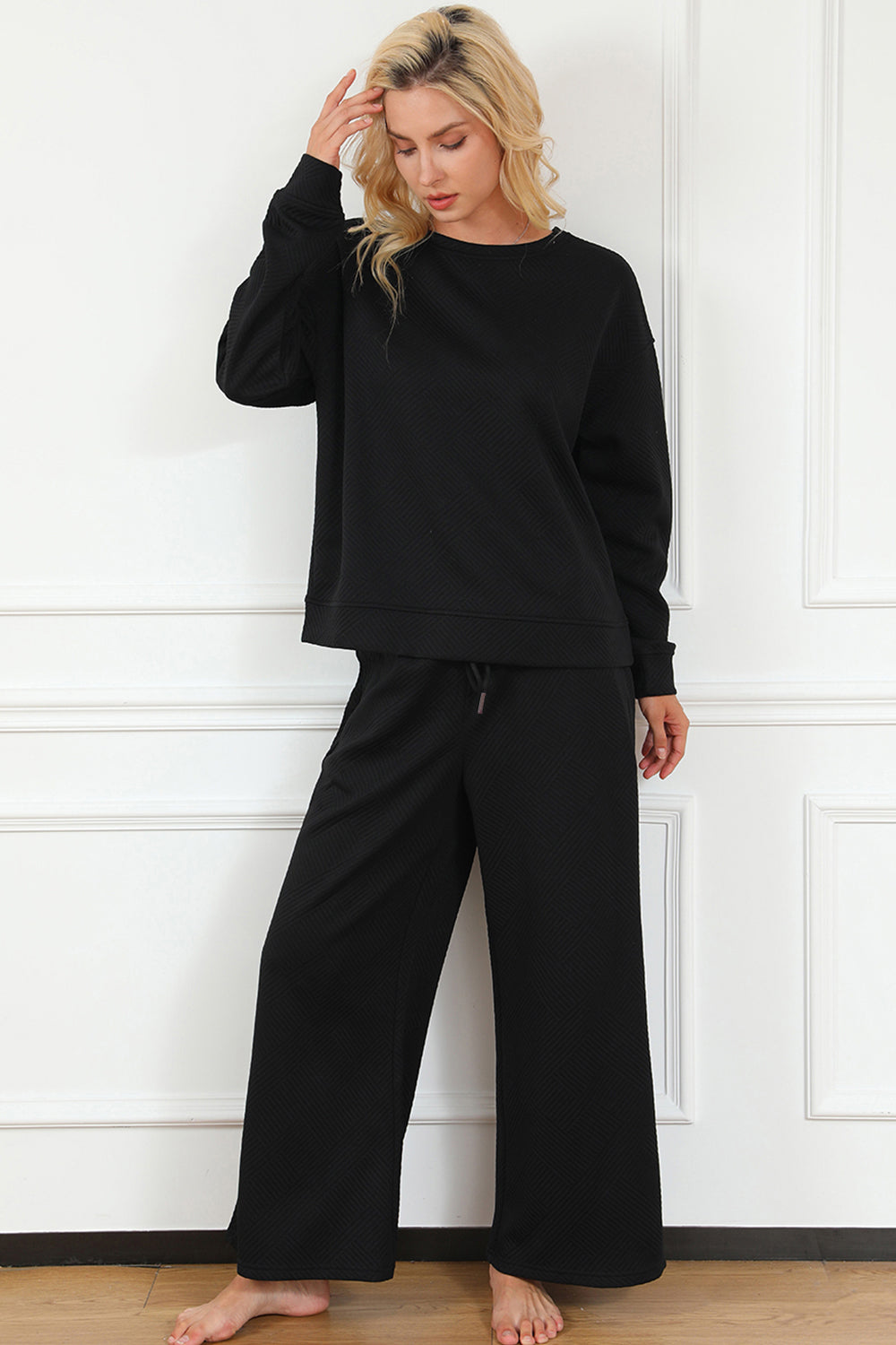Double Take Textured Long Sleeve Top and Drawstring