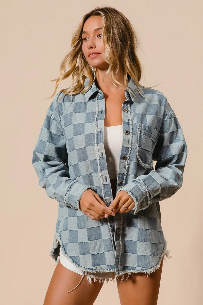 BiBi Frayed Edged Detail Washed Checker Denim Shirt