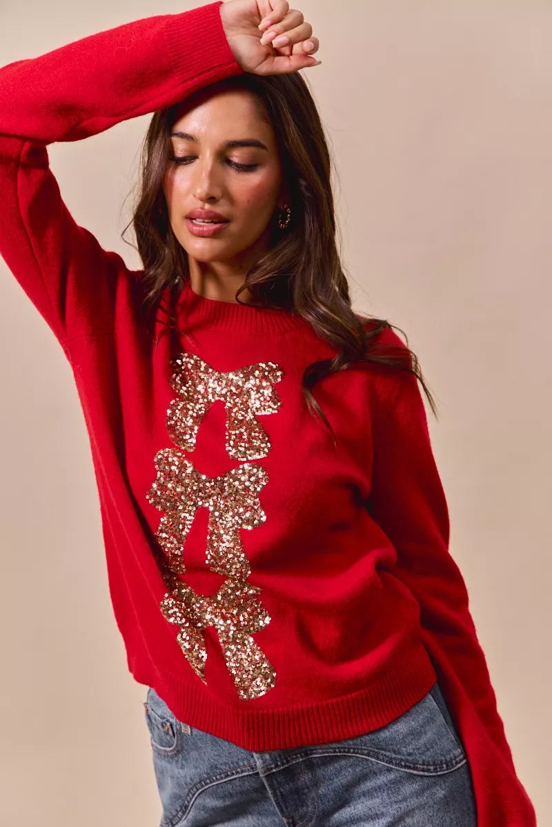 SO ME Sequins Bow Ribbon Embellished Christmas Sweater