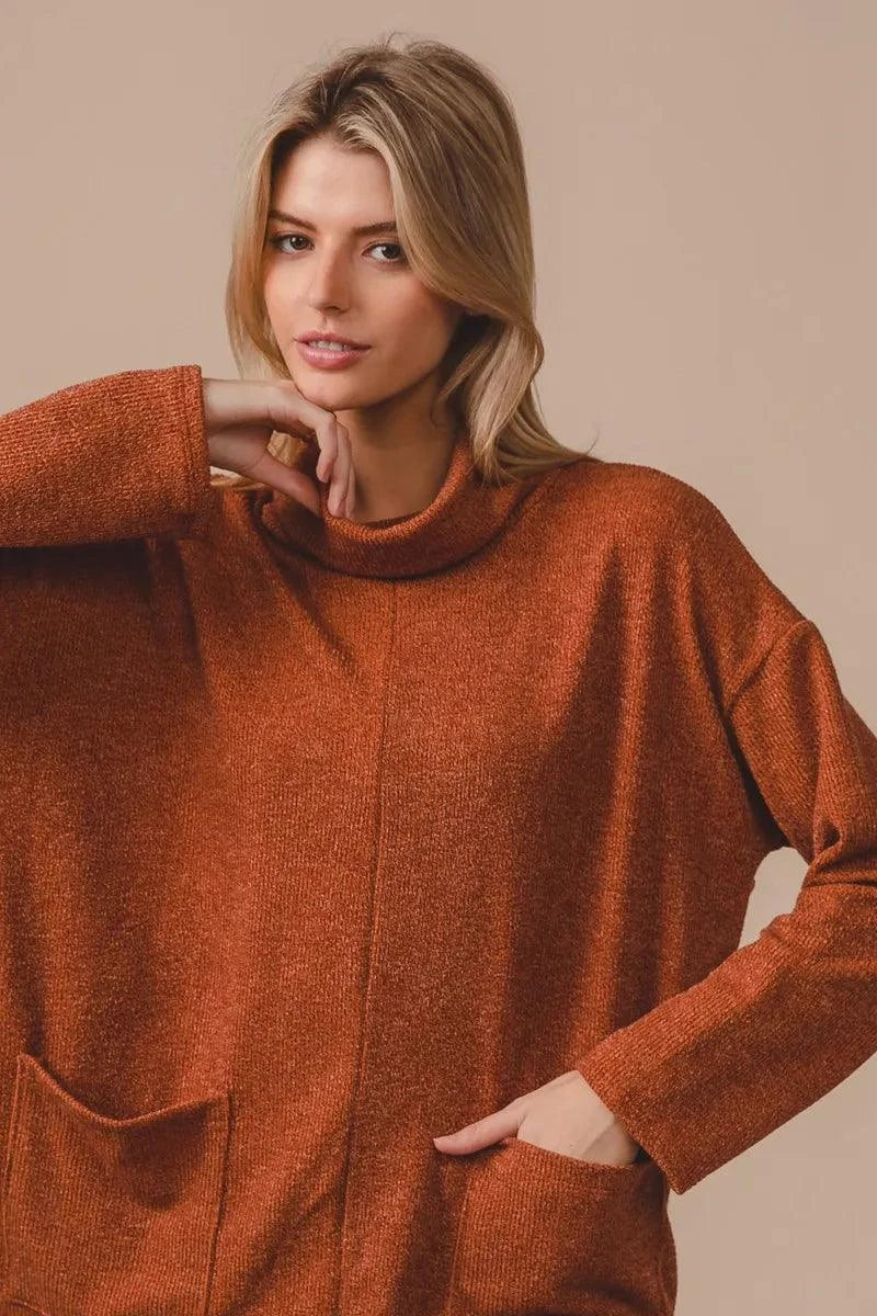 BiBi Piper Rib Double Pocket Turtle Neck Sweater