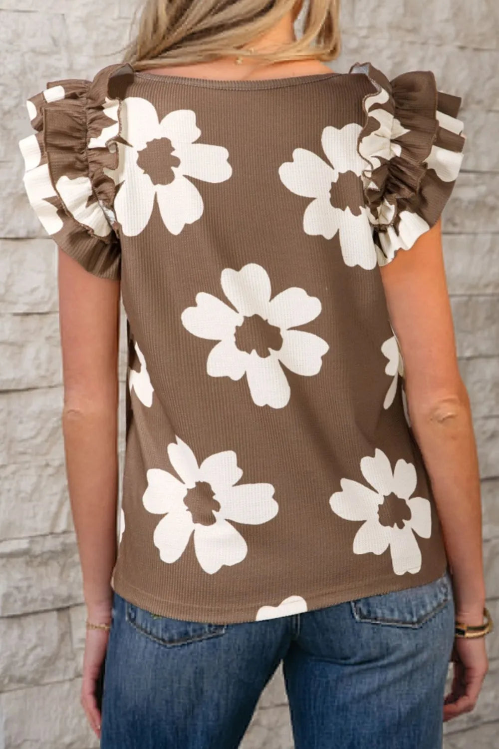 Floral Textured Ruffled Cap Sleeve Blouse