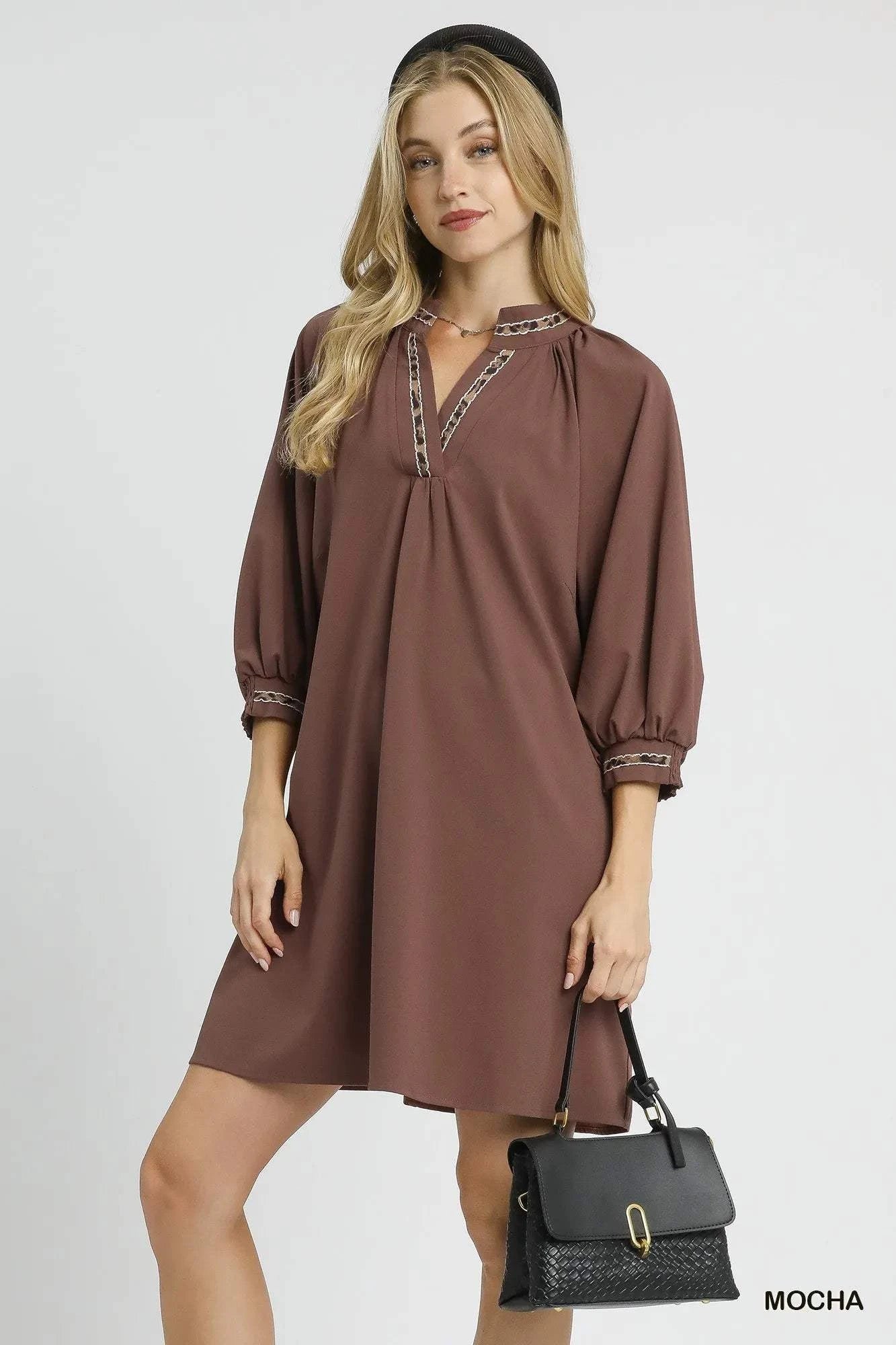 Umgee Notched Shift Dress with Trim Detail
