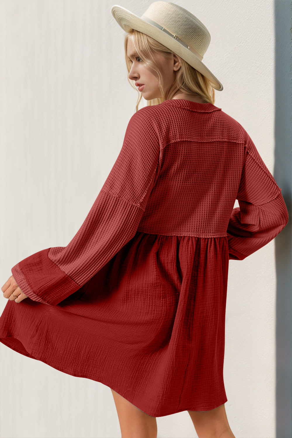 Double Take Waffle-Knit Contrast Half Button V-Neck Long Sleeve