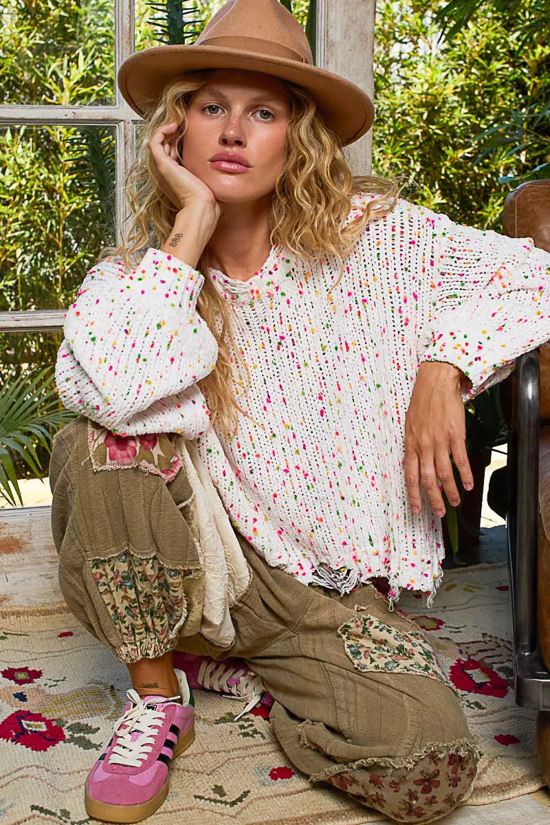 POL Round Neck Fringed Hem Sweater