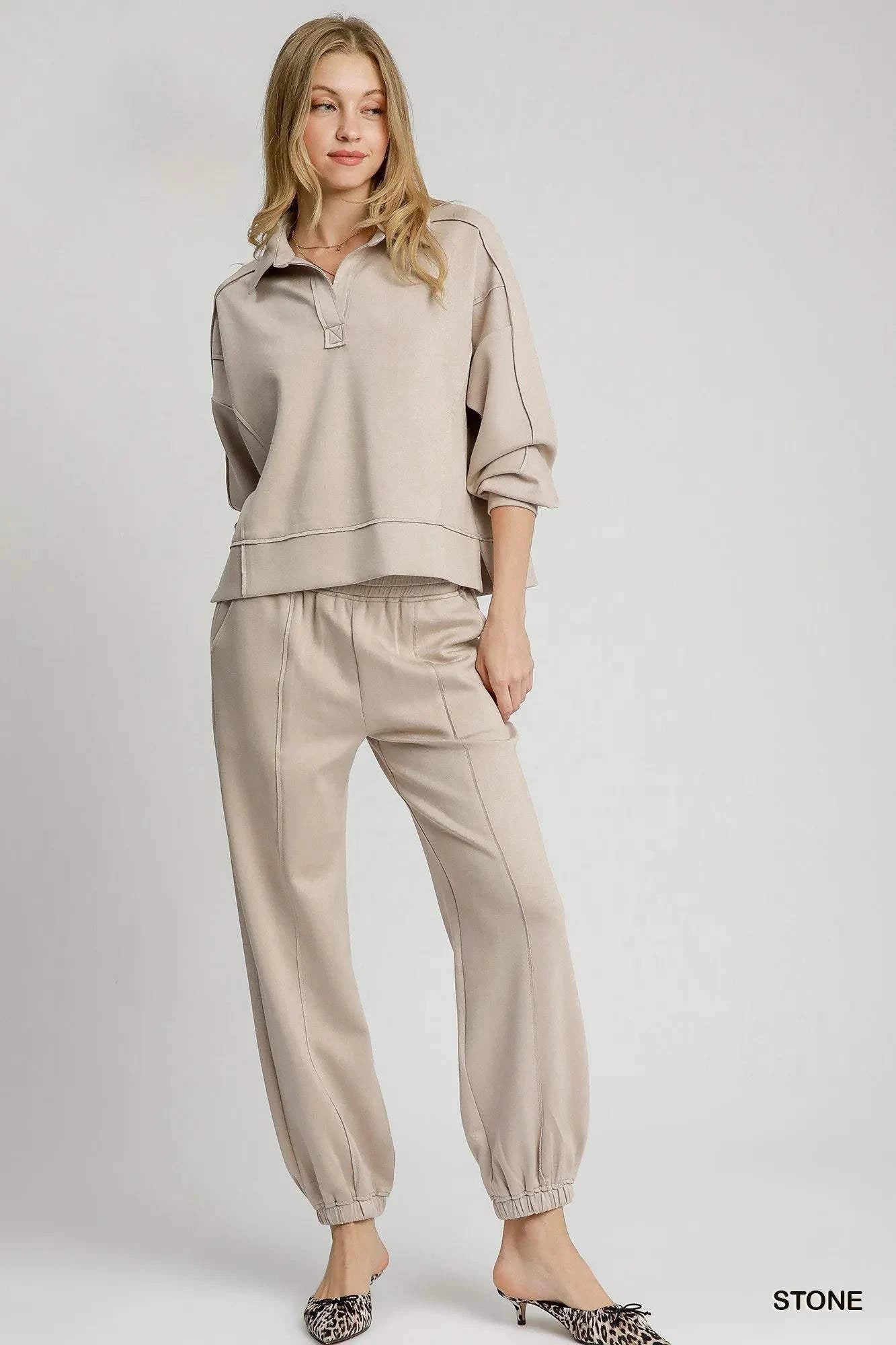 Umgee Exposed Seam Long Sleeve Polo Top with Side Slit