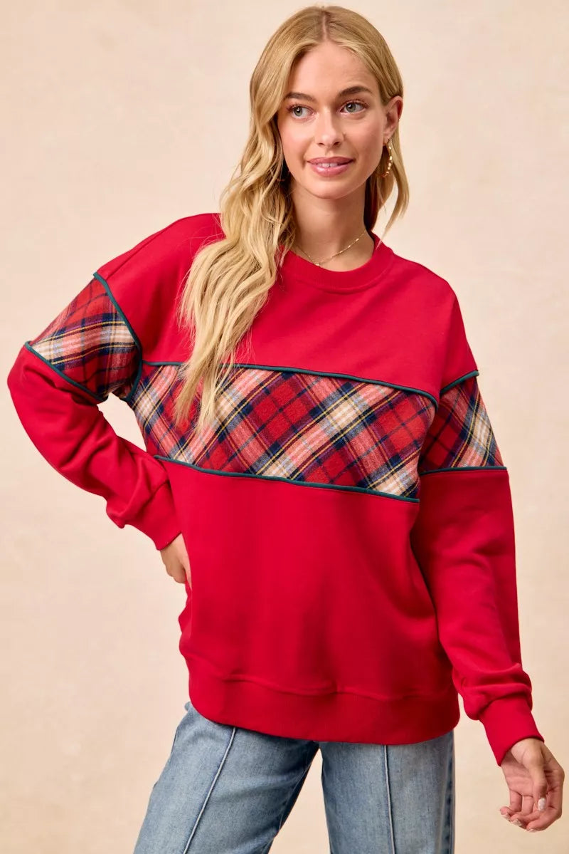 BiBi Christmas Theme Plaid Block Sweatshirt with Binding