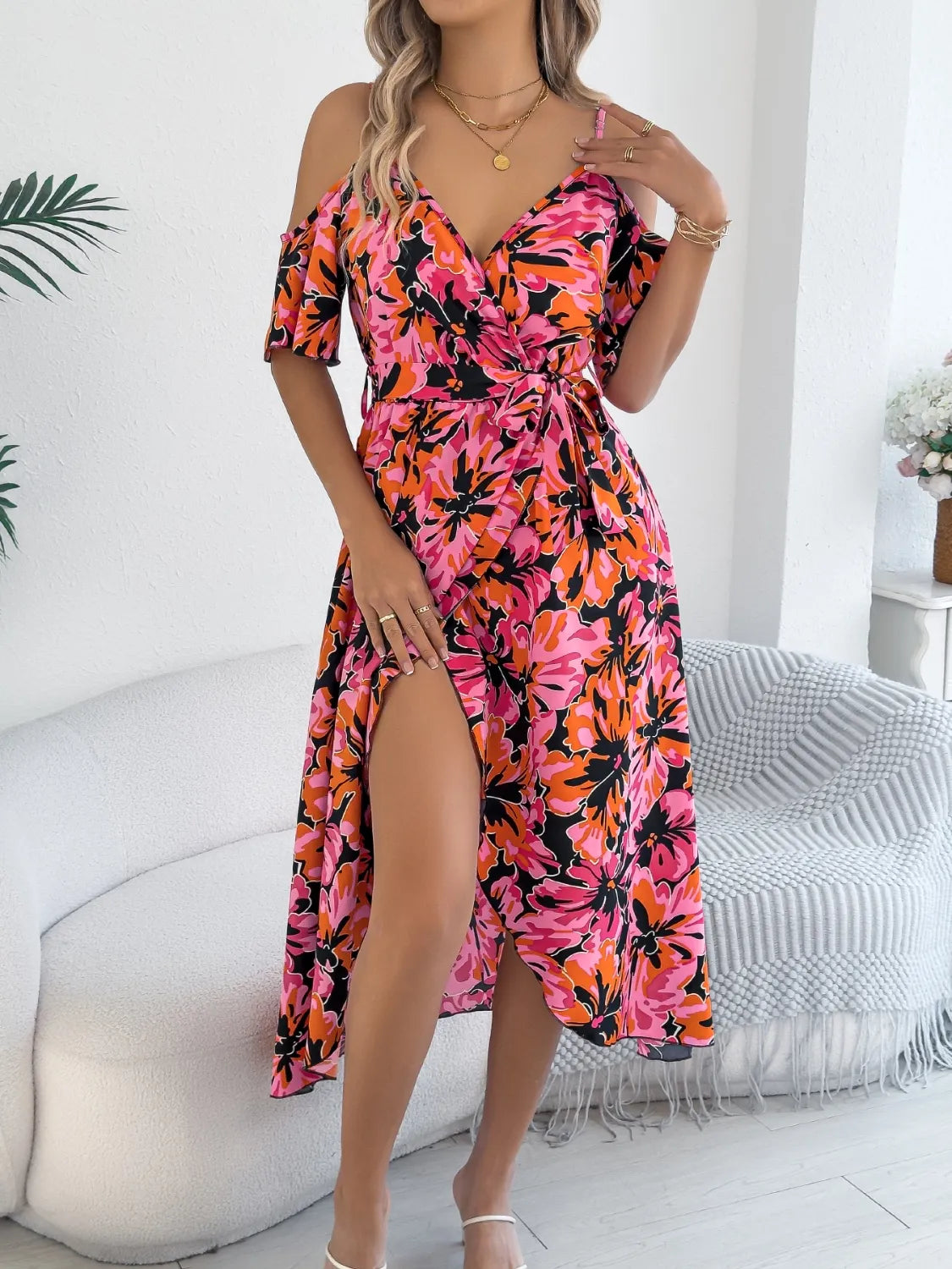 Printed Cold Shoulder Midi Cami Dress
