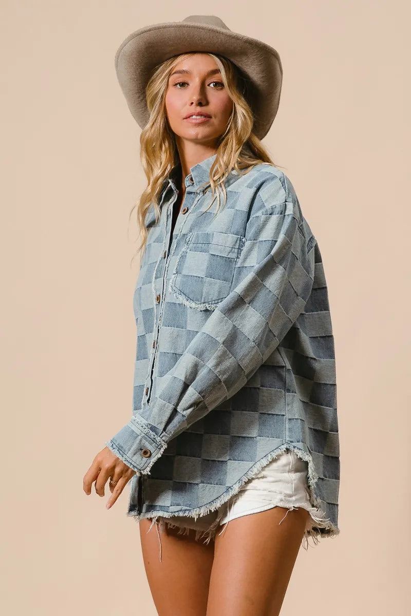 BiBi Frayed Edged Detail Washed Checker Denim Shirt