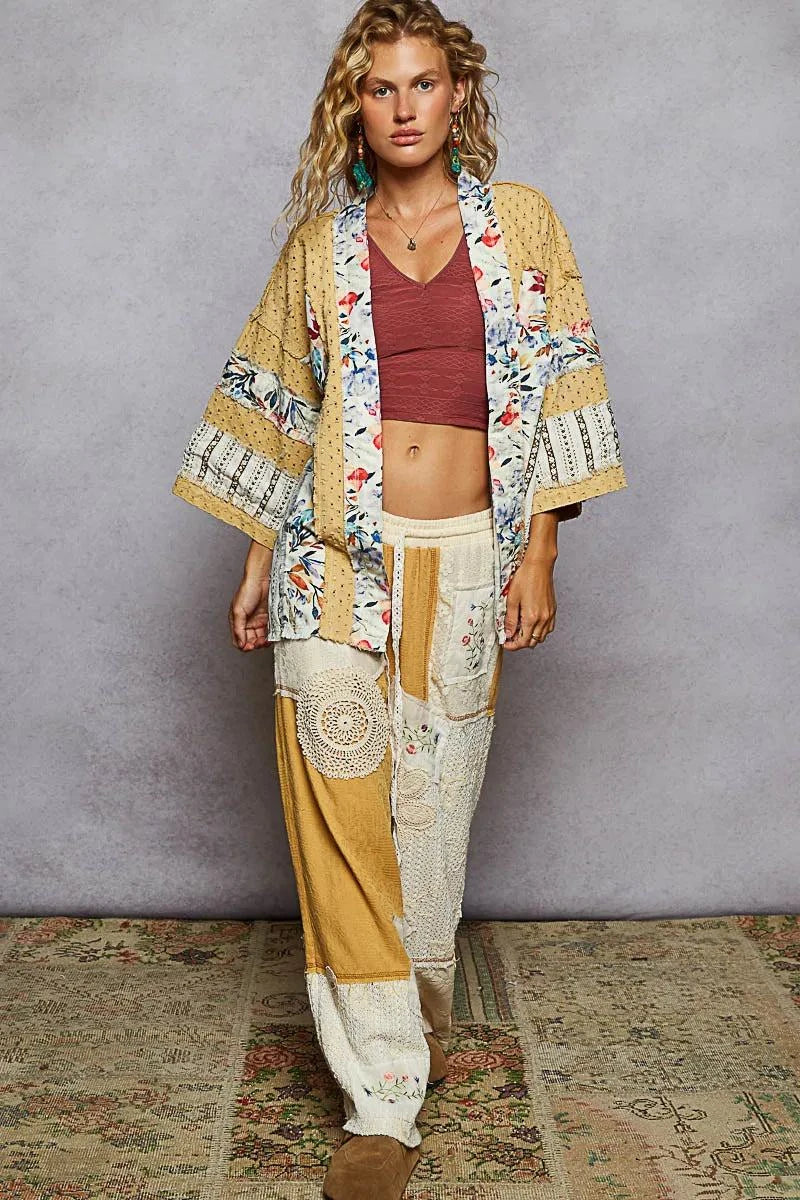 POL Raw Edge Open Front Patchwork Cardigan with Floral Trim