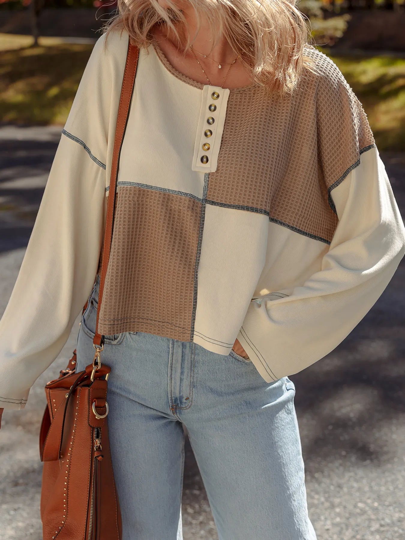Color Block Waffle Knit Stitch Detail Long Sleeve Top