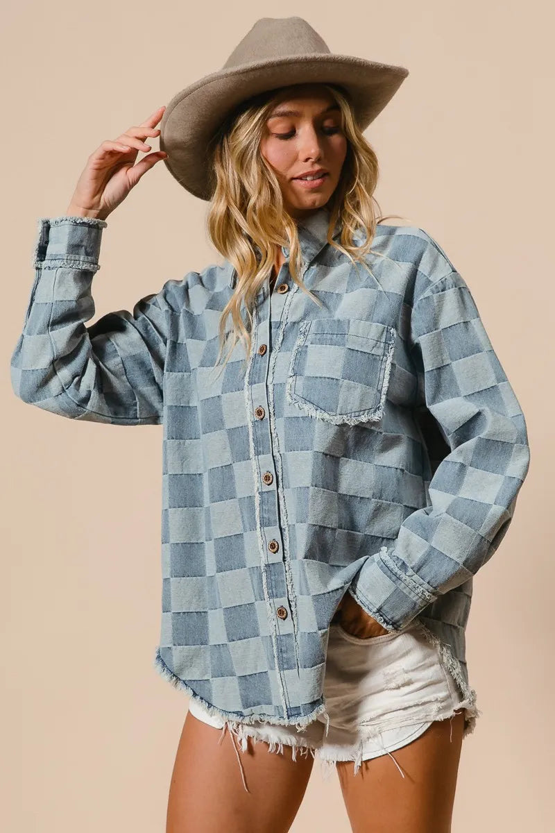 BiBi Frayed Edged Detail Washed Checker Denim Shirt