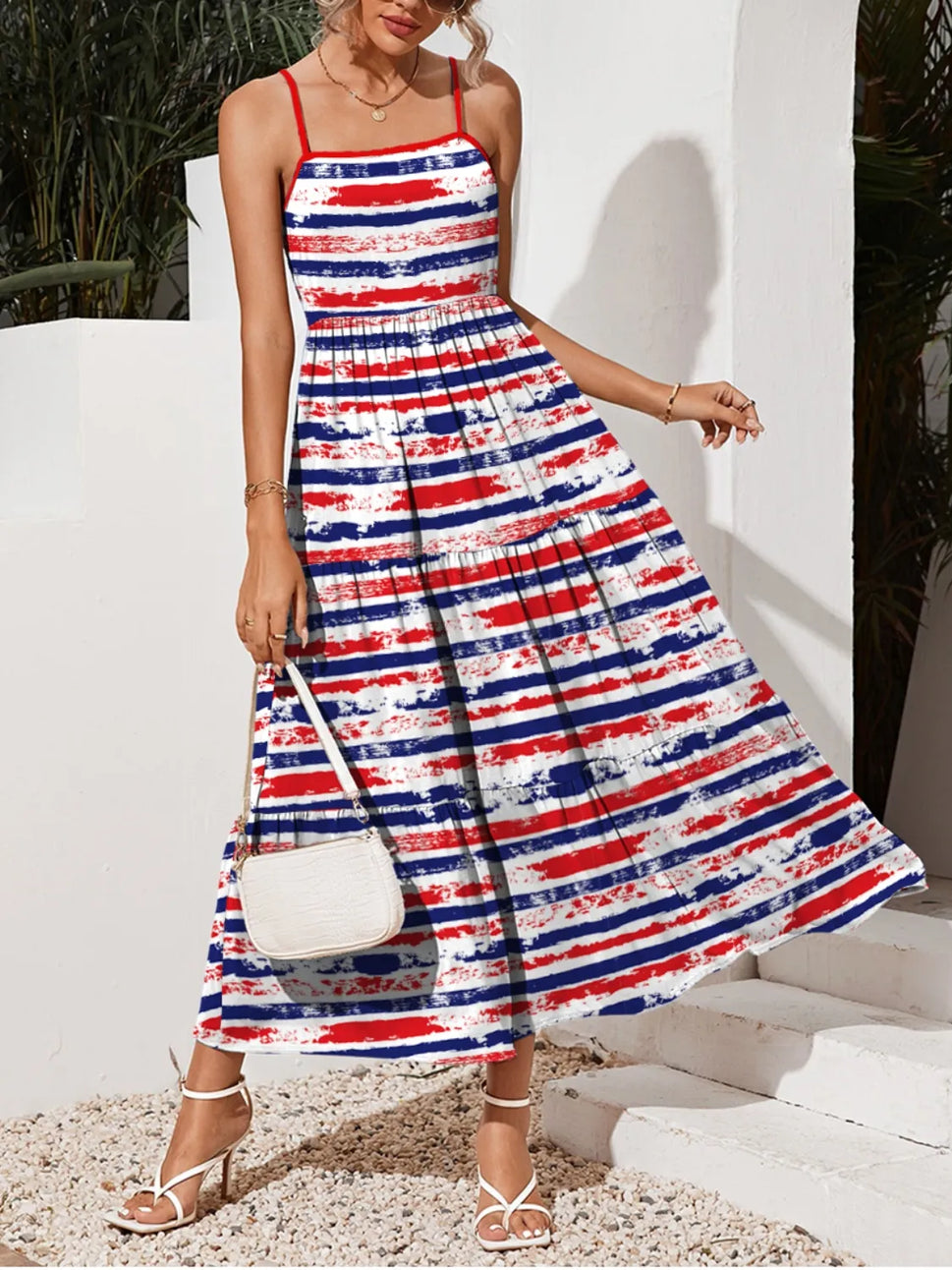 Contrast Striped Square Neck Midi Cami Dress