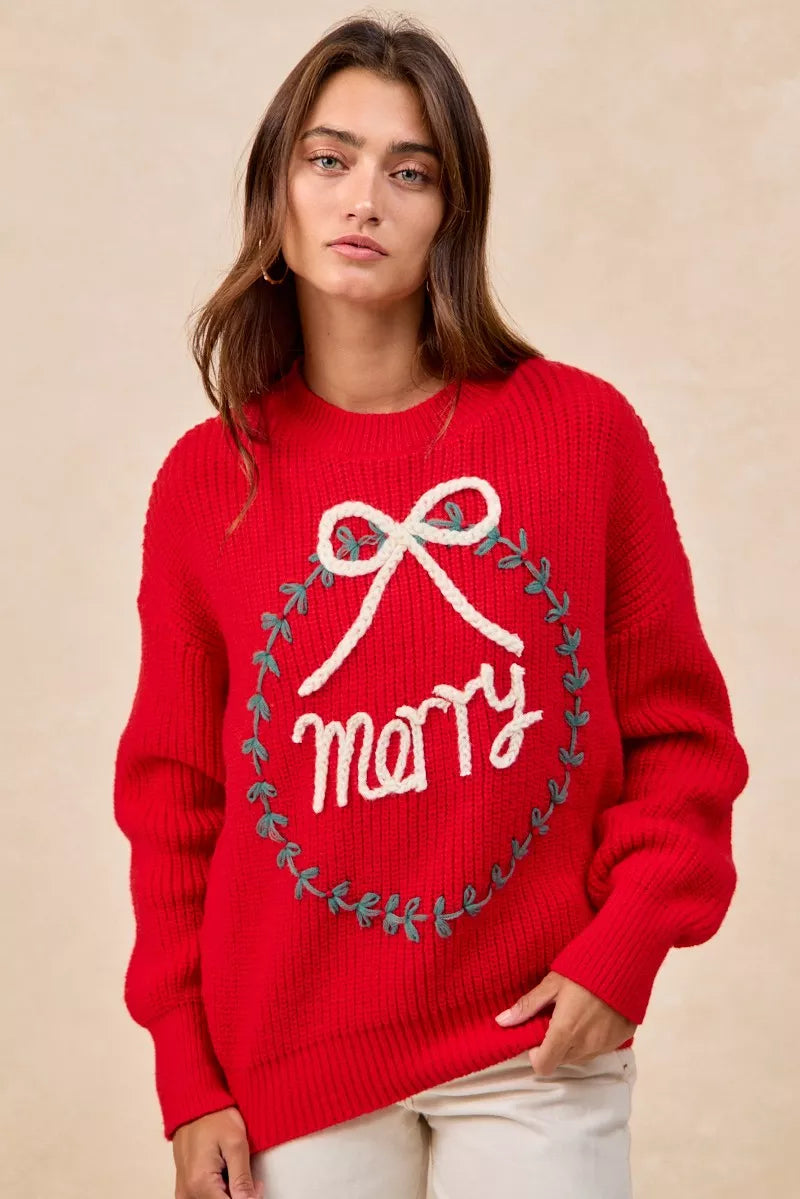 BiBi Christmas Wreath Merry Letter Knit Top