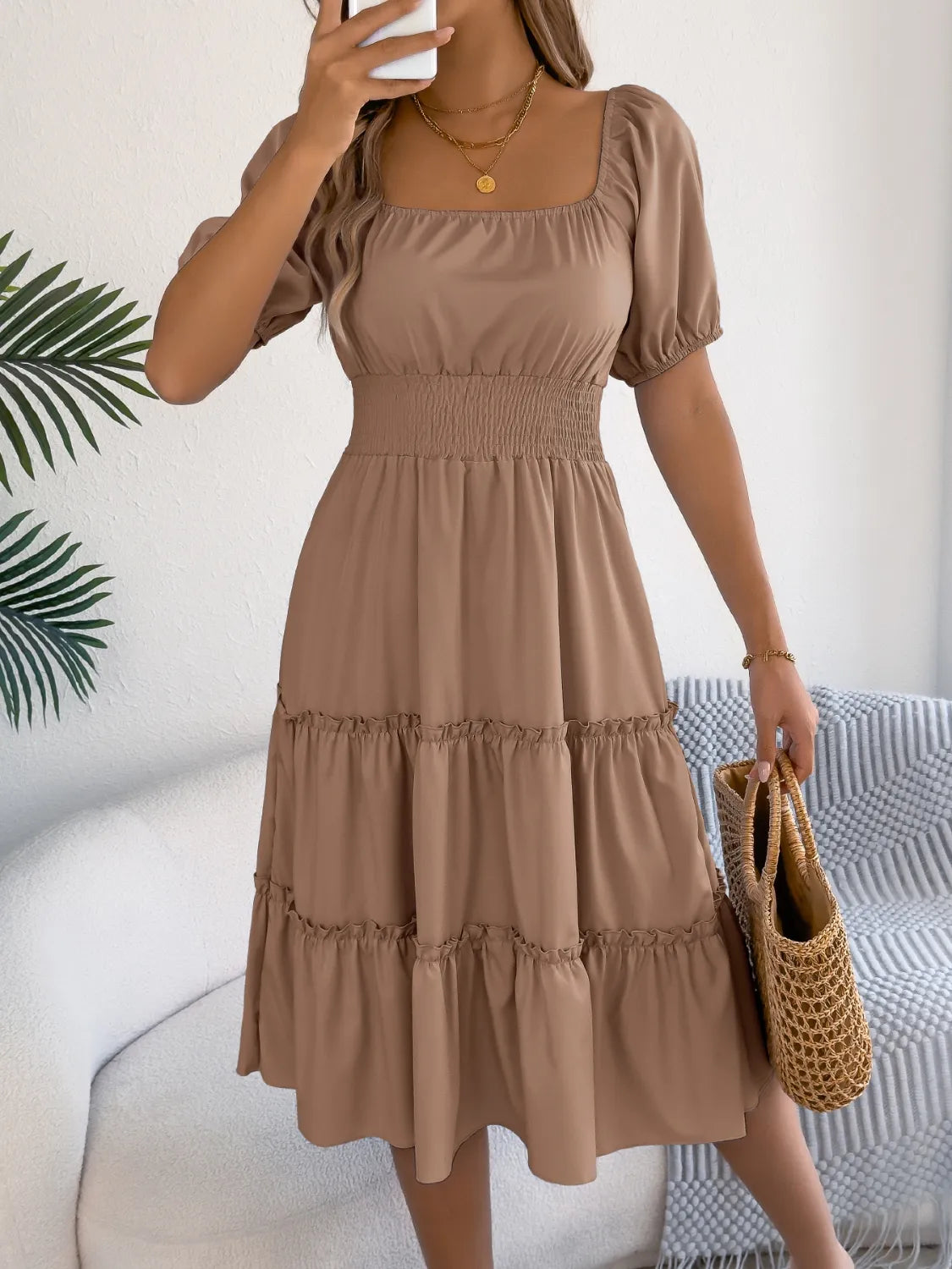 Square Neck Short Puff Sleeve Dress