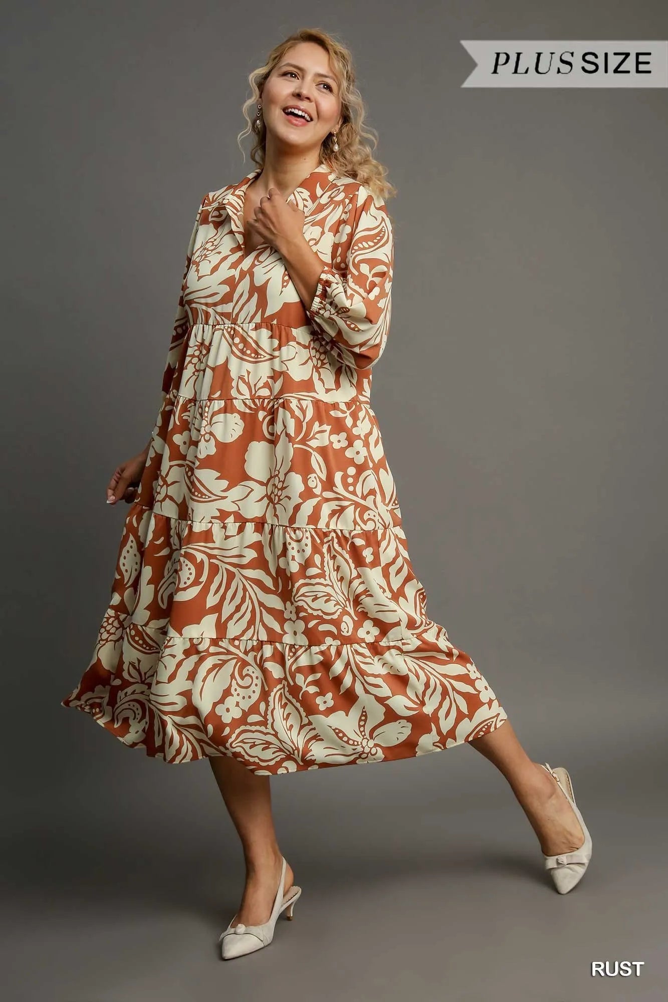 Umgee Full Size Floral Tiered Midi Shirt Dress Plus Size