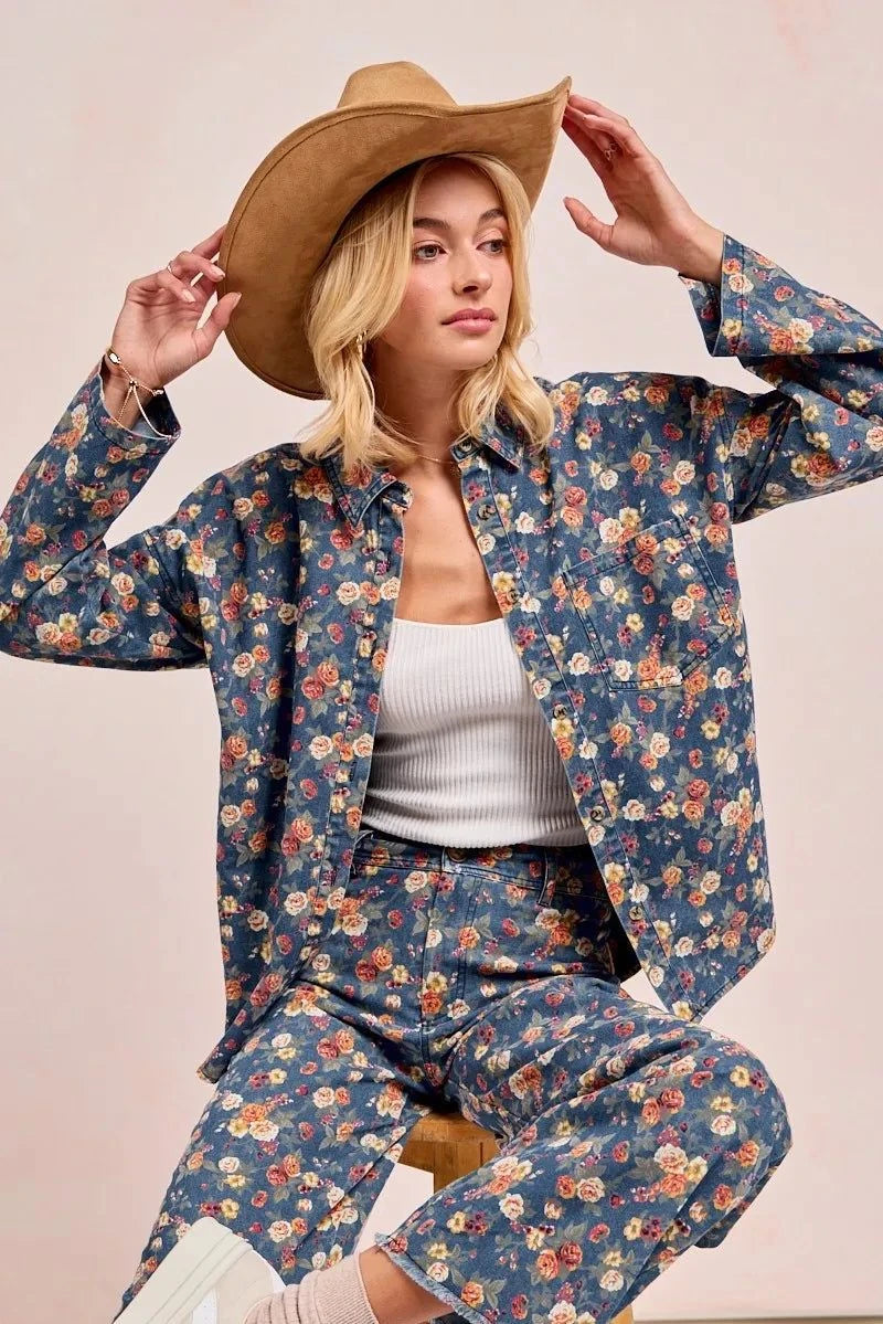 BiBi Washed Floral Print Denim Jacket