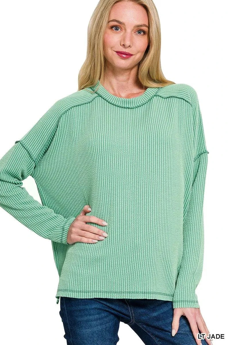 Zenana Exposed Seam Long Sleeve Corded Rib Knit Top