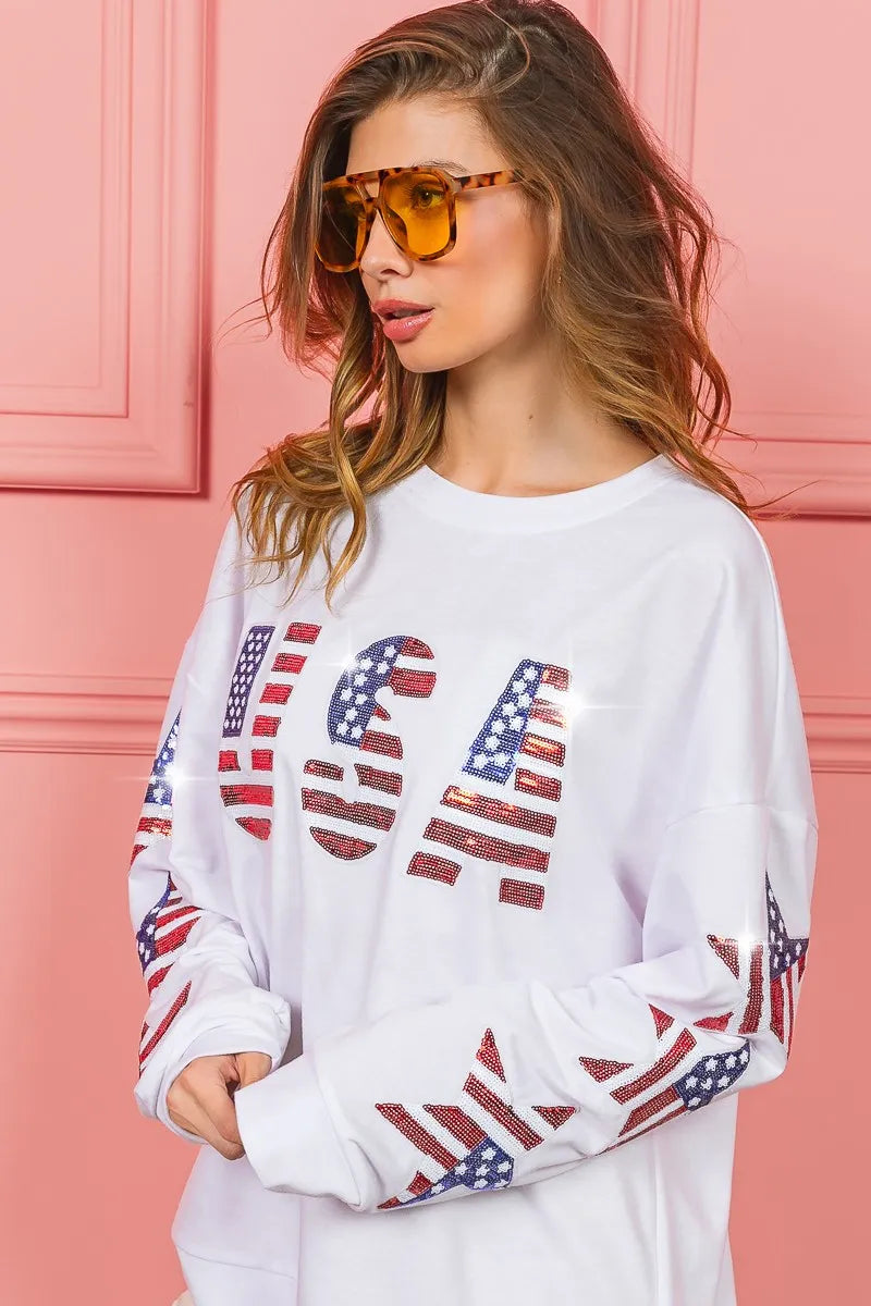 BiBi American Flag USA and Star Sequin Sweatshirt