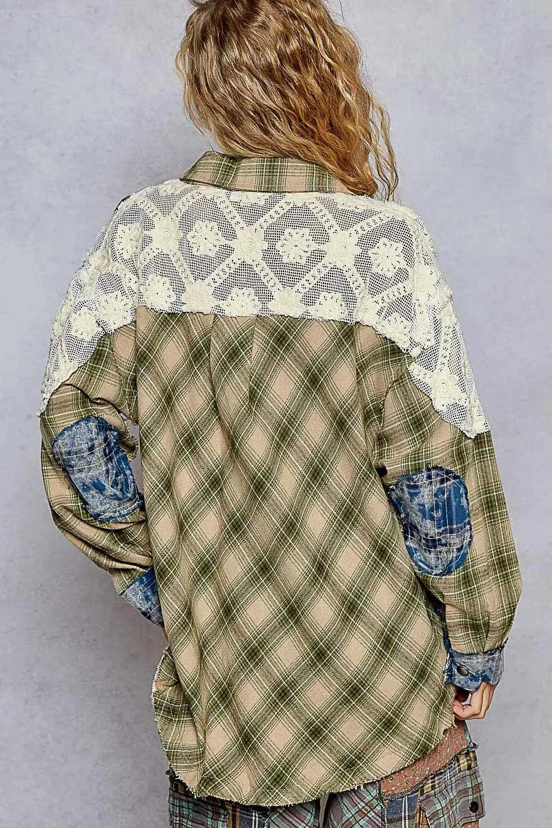 POL Lace Patchwork Plaid Oversized Shirt
