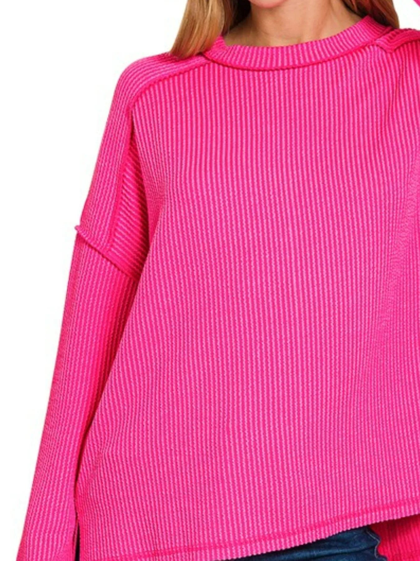Zenana Exposed Seam Long Sleeve Corded Rib Knit Top