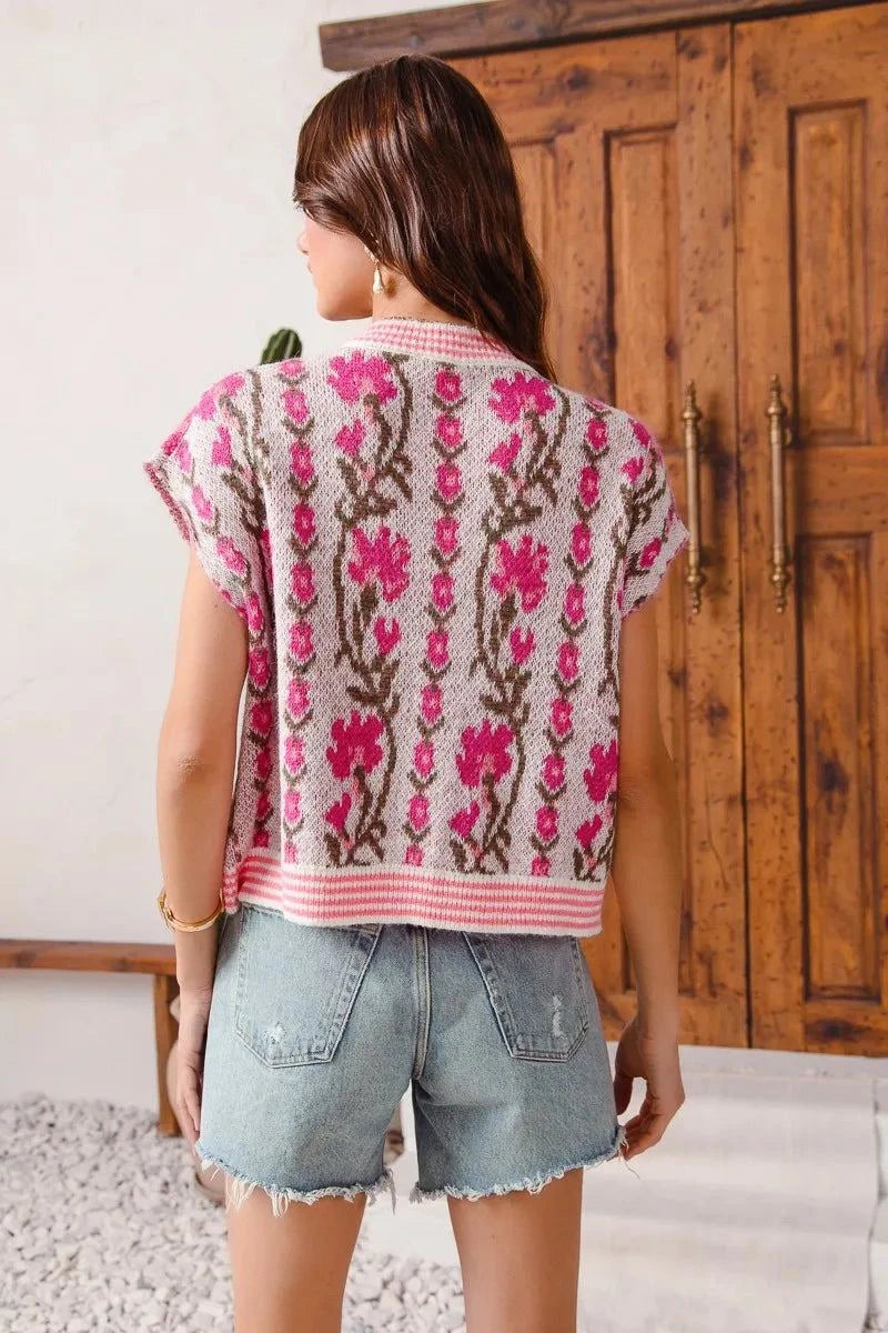 SO ME Button Front Floral and Stripe Knitted Sweater Vest