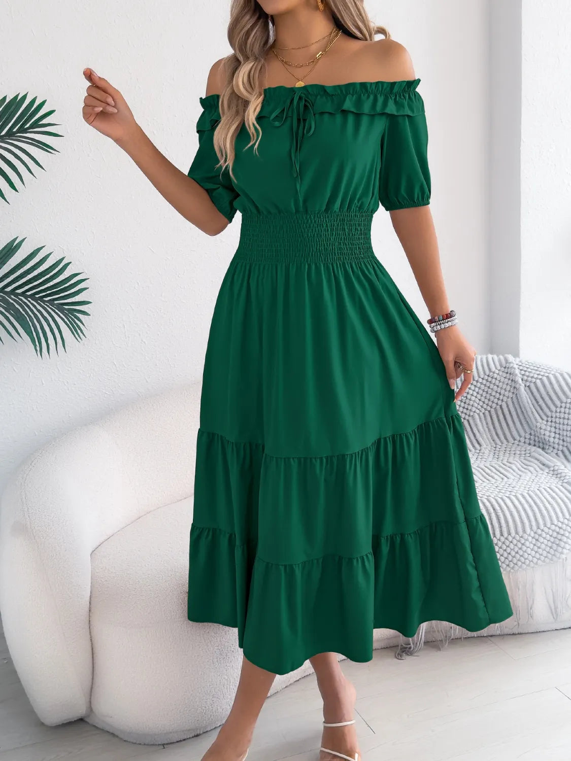 Smocked Off-Shoulder Tiered Dress