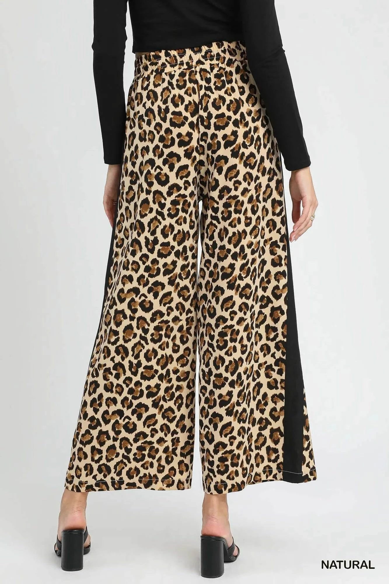 Umgee Leopard Print Wide-Leg Drawstring Pants