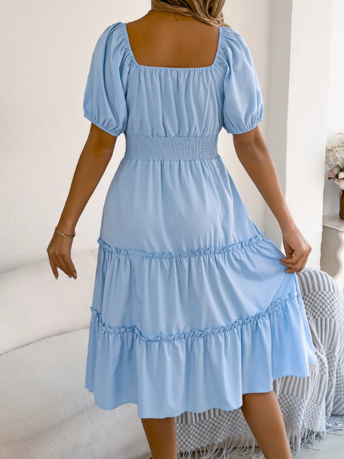 Square Neck Short Puff Sleeve Dress