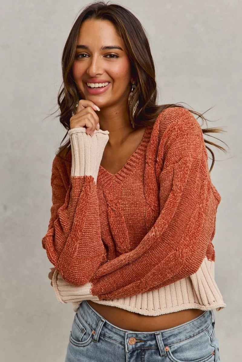 SO ME Chenille Cable Knit V Neck Contrast Cropped Sweater