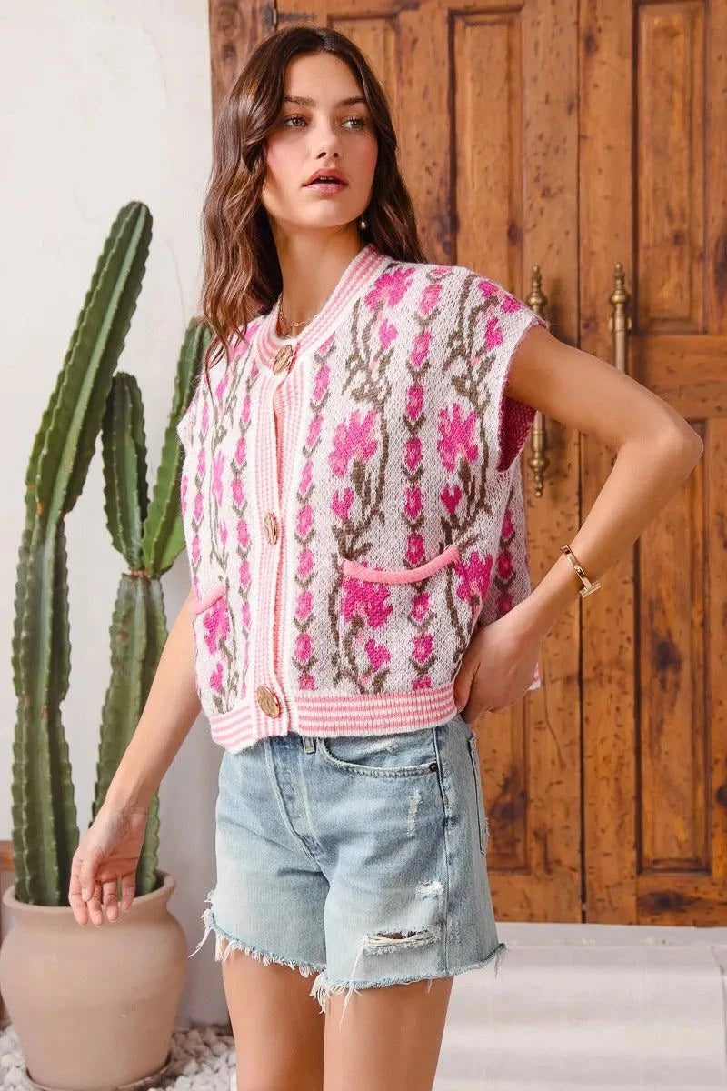 SO ME Button Front Floral and Stripe Knitted Sweater Vest