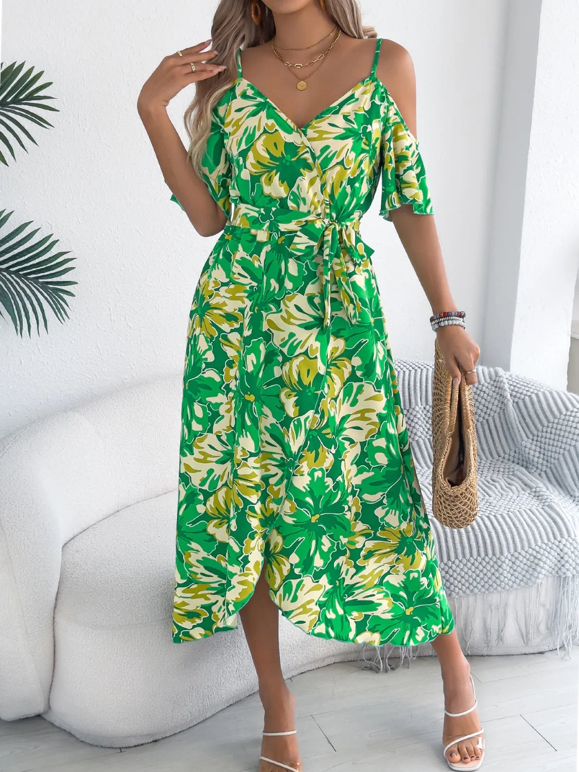 Printed Cold Shoulder Midi Cami Dress