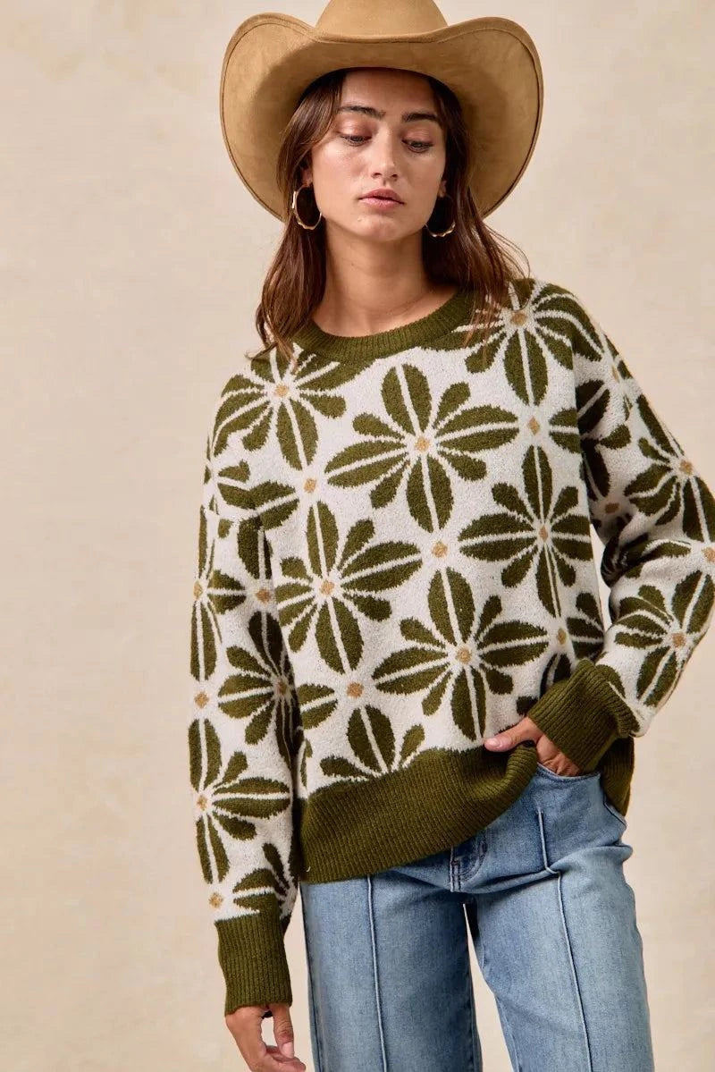 BiBi Flower Pattern Long Sleeve Sweater