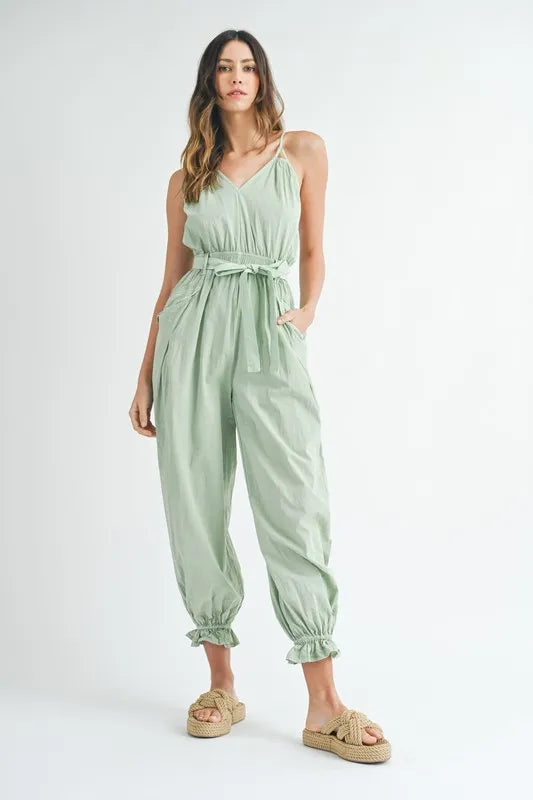 MABLE Washed Fabric Spaghetti Strap Waist Belted Jumpsuit