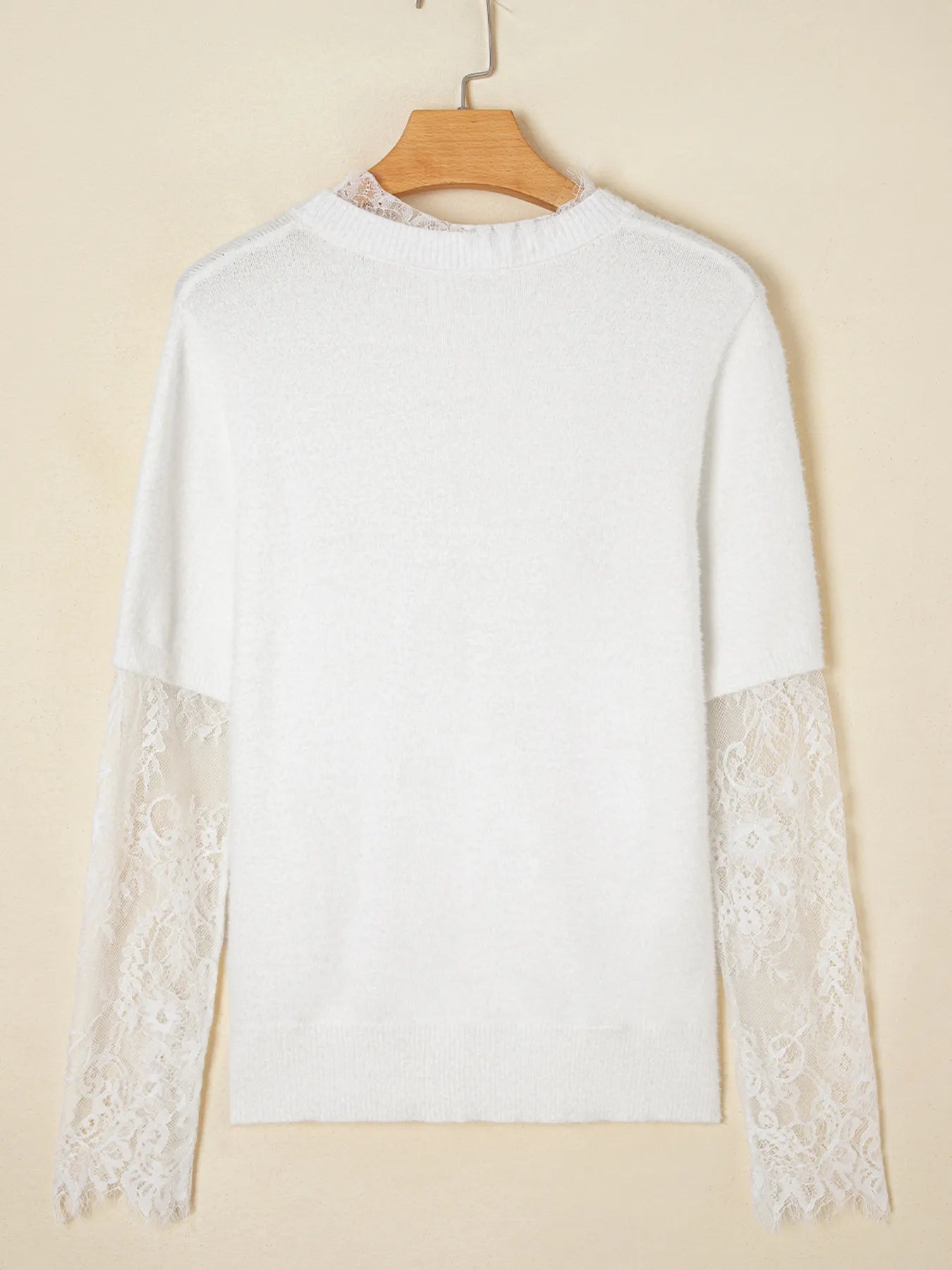 Lace Sleeve Patchwork Faux Two-piece Fuzzy Sweater