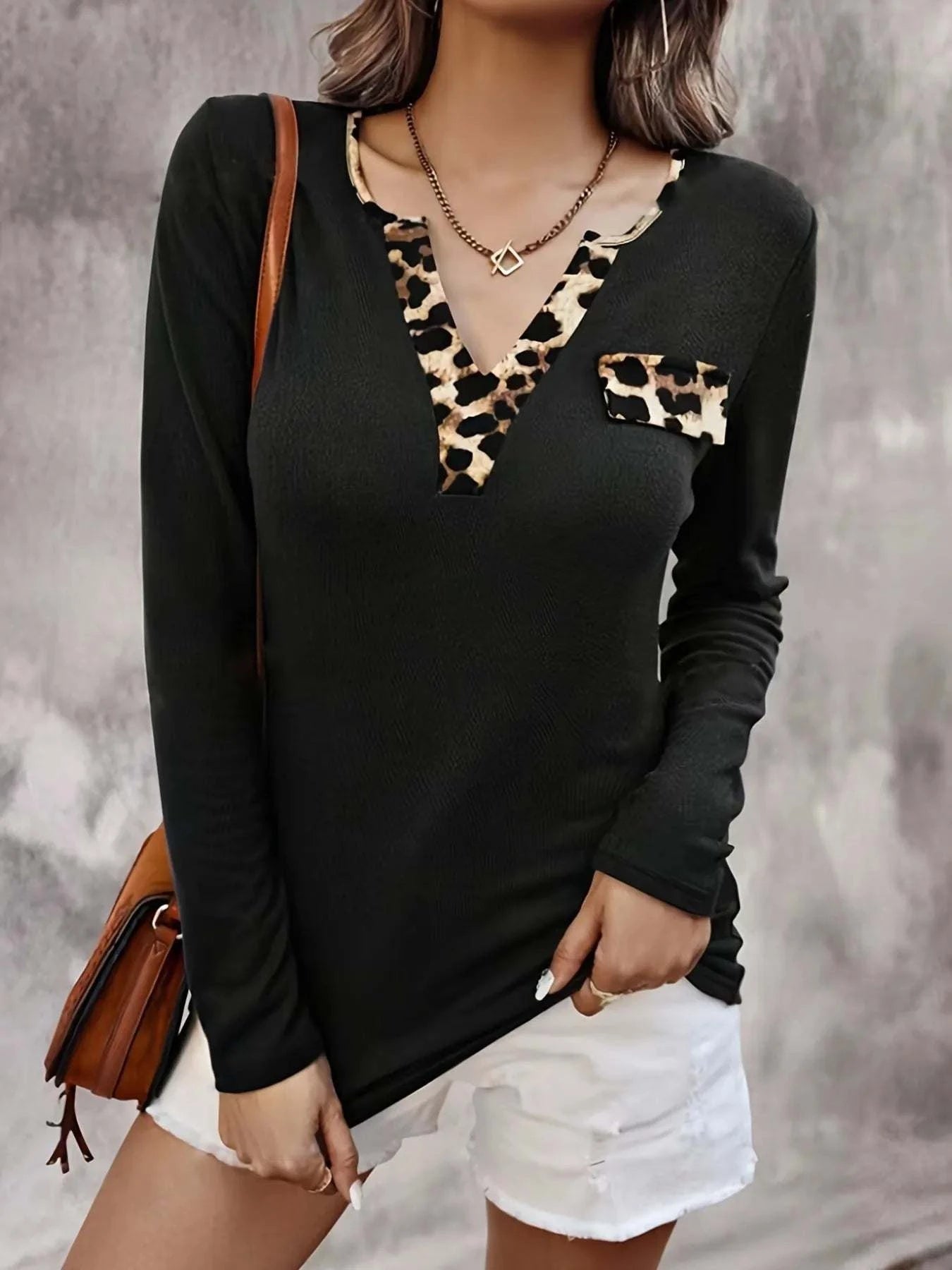 Leopard Trim Long Sleeve T-Shirt