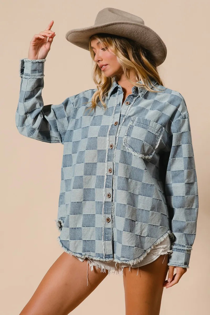 BiBi Frayed Edged Detail Washed Checker Denim Shirt