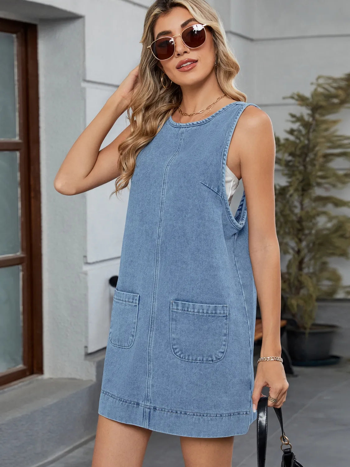 Round Neck Denim Overall Dress