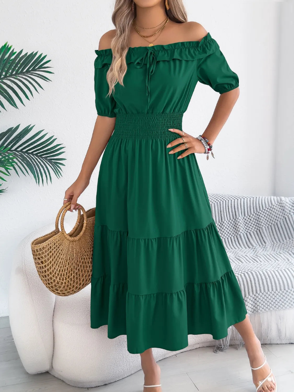 Smocked Off-Shoulder Tiered Dress