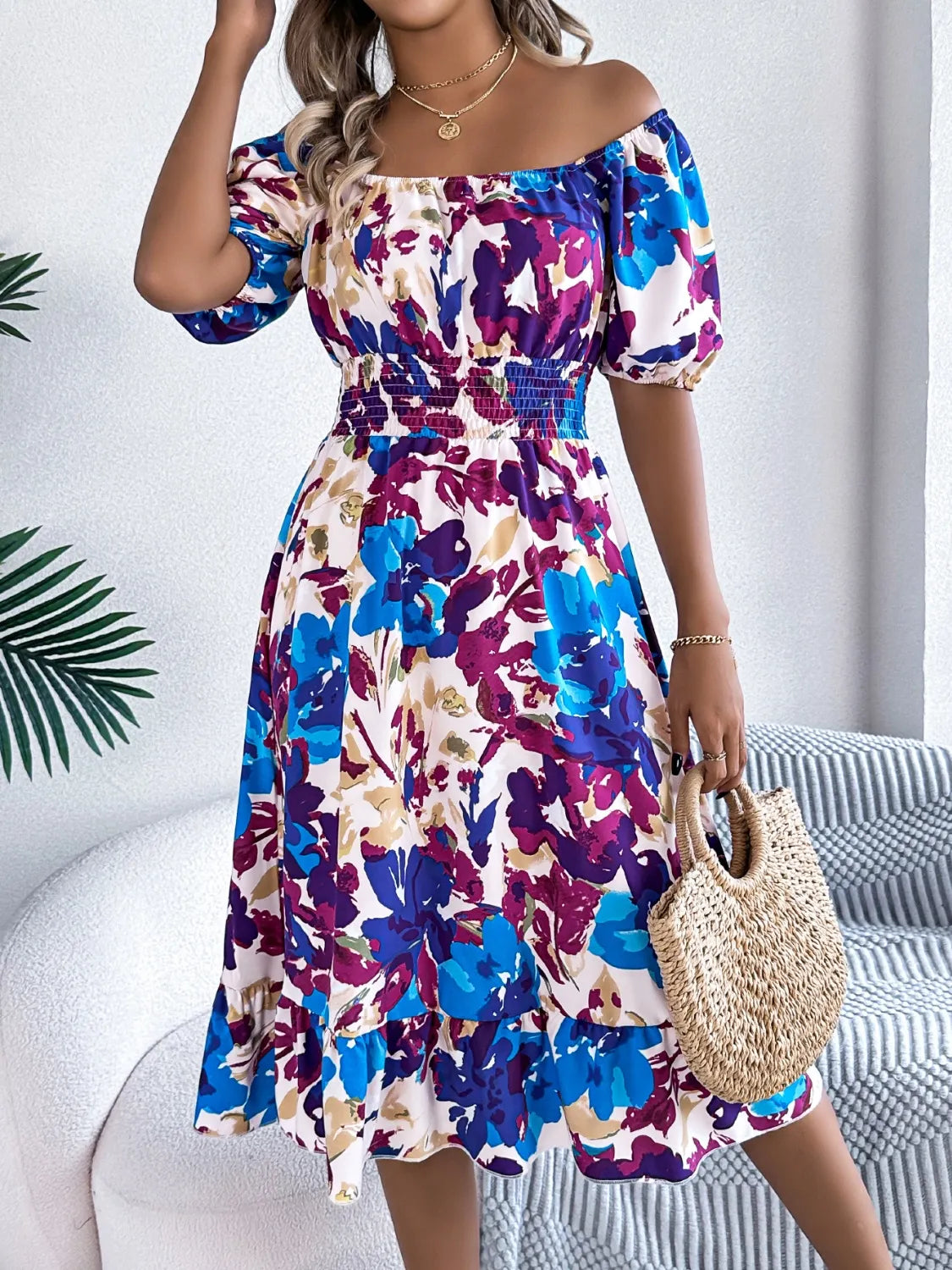 Ruffled Hem Smocked Floral Short Sleeve Midi Dress